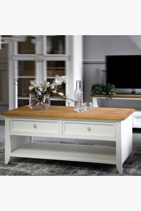 Couchtisch Kiefernholz weiß-braun mit Schubladen Provence